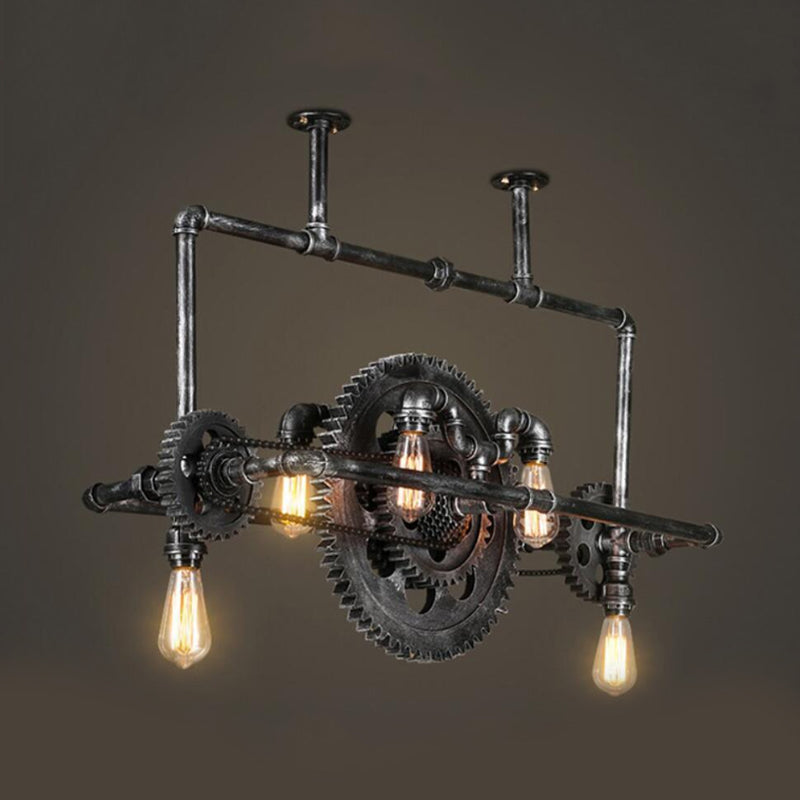 Silver Gray Open Island Light Fixture Coastal Metal 6-Light Dining Room Hanging Lamp with Gear Design