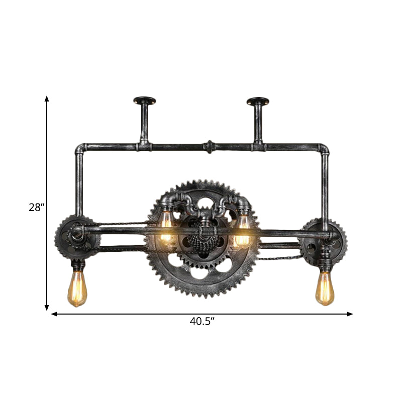 Silver Gray Open Island Light Fixture Coastal Metal 6-Light Dining Room Hanging Lamp with Gear Design
