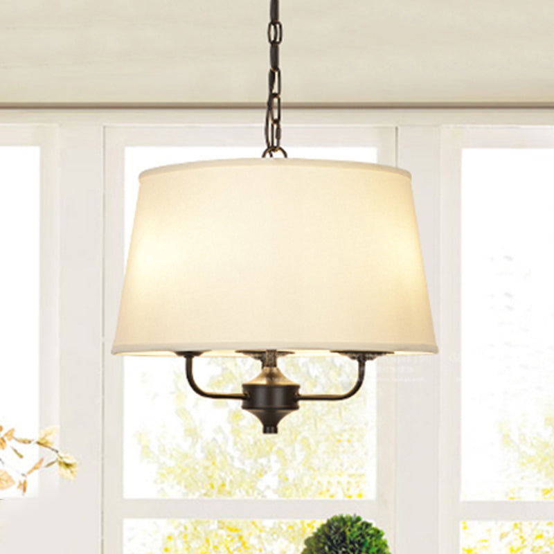 Fabric Drum Shade Hanging Chandelier Traditional 3 Lights Bedroom Pendant Light in Flaxen/White