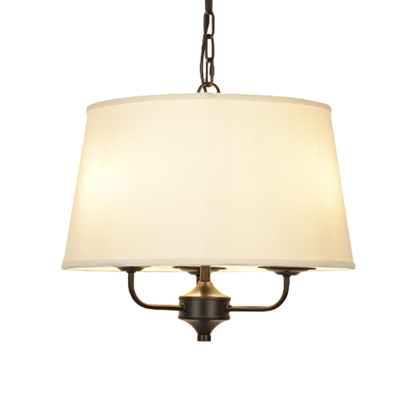 Fabric Drum Shade Hanging Chandelier Traditional 3 Lights Bedroom Pendant Light in Flaxen/White