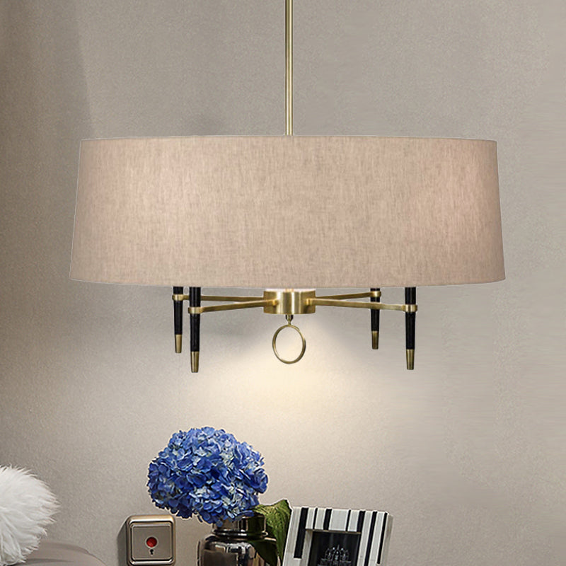 Cylinder Dining Room Pendant Chandelier Classic Fabric 4 Lights Flaxen Hanging Fixture