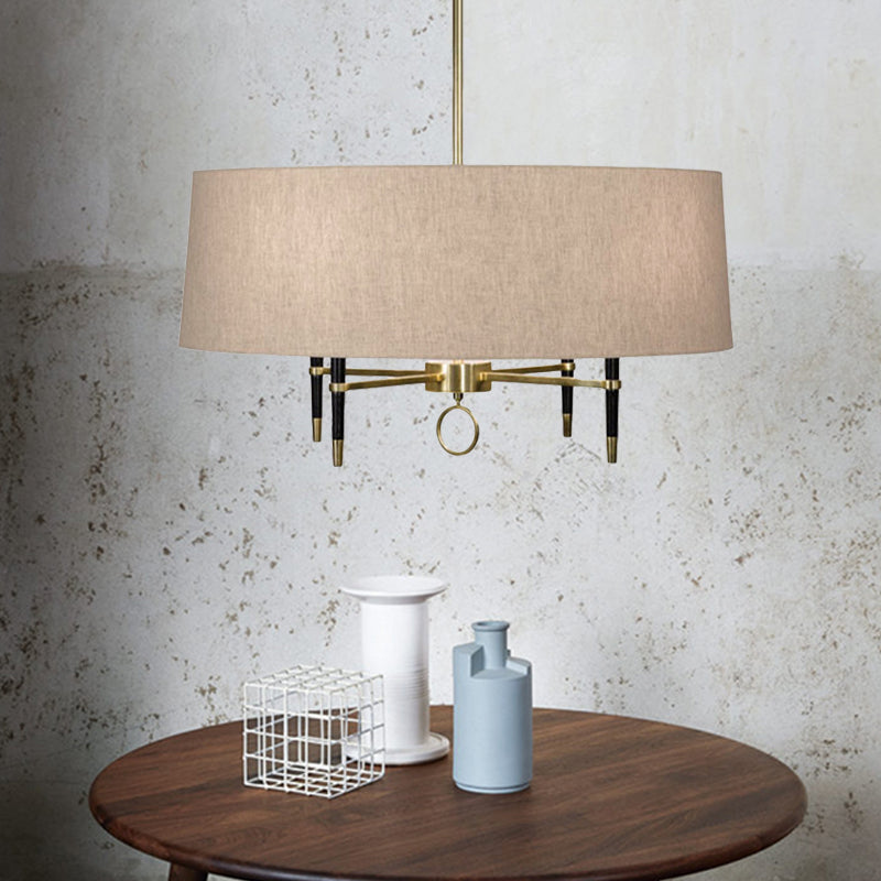 Cylinder Dining Room Pendant Chandelier Classic Fabric 4 Lights Flaxen Hanging Fixture