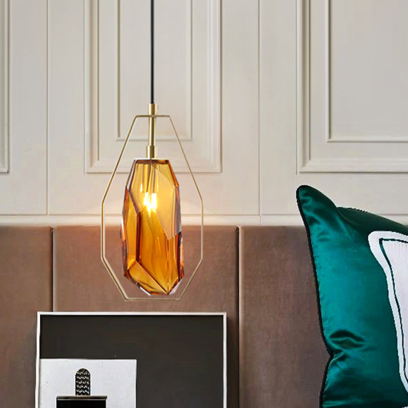 Retro 1 Head Suspended Light Smoke Grey/Cognac Glass Gemstone Pendant Lighting with Brass Frame over Table