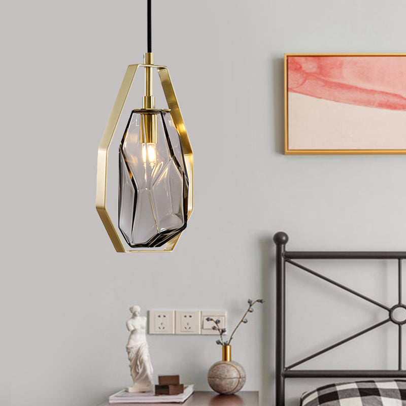 Retro 1 Head Suspended Light Smoke Grey/Cognac Glass Gemstone Pendant Lighting with Brass Frame over Table