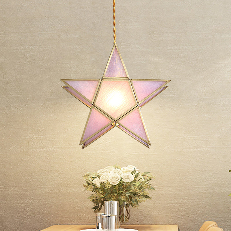 Pink Water Glass Pentacle Pendant Lamp Nordic Style 1-Light Brass Finish Ceiling Lighting Fixture