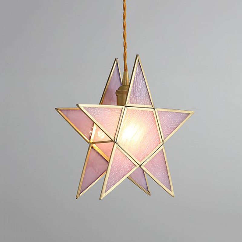 Pink Water Glass Pentacle Pendant Lamp Nordic Style 1-Light Brass Finish Ceiling Lighting Fixture
