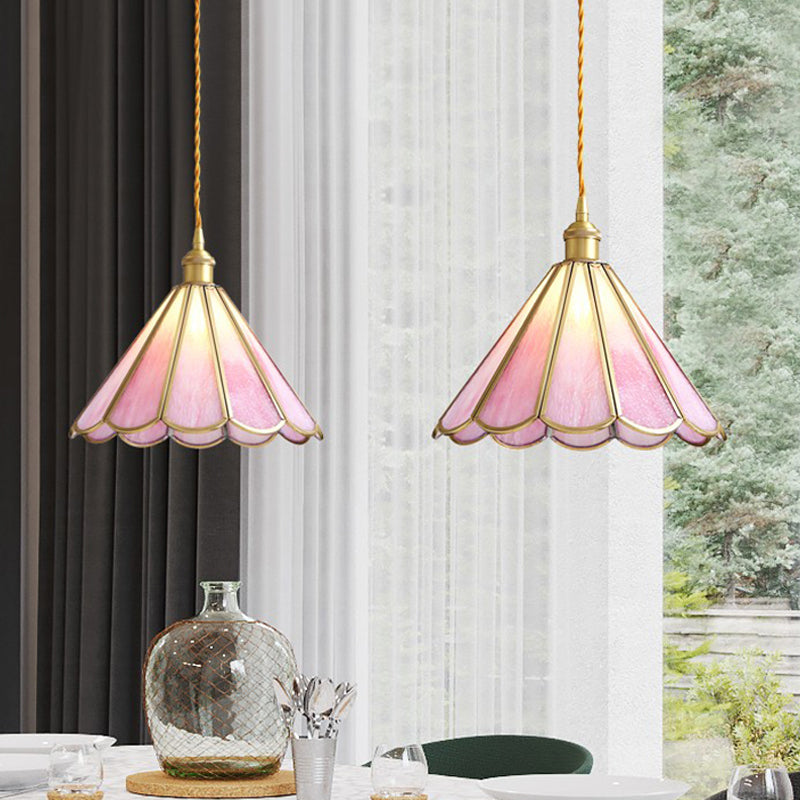 Camera da pranzo singola illuminazione a sospensione moderna kit di lampada a sospensione del cavo ottone romantico con tonalità di vetro increspata floreale
