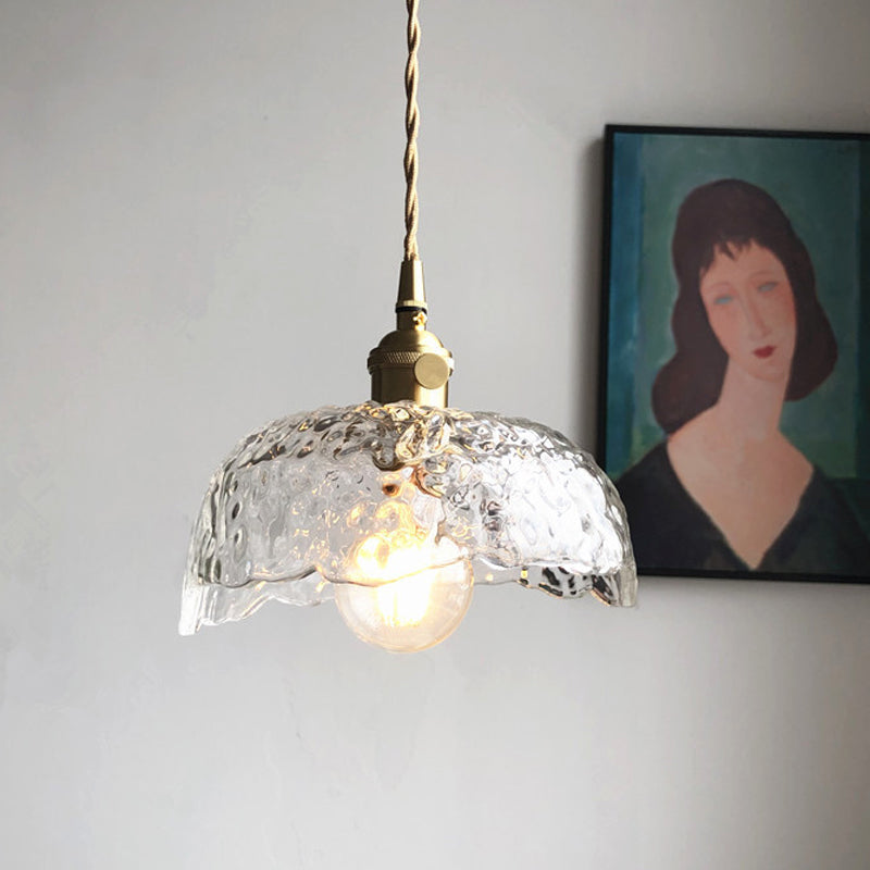 Translucent Hammered Glass Bowled Pendant Modernity Single-Bulb Brass Hanging Lighting Fixture