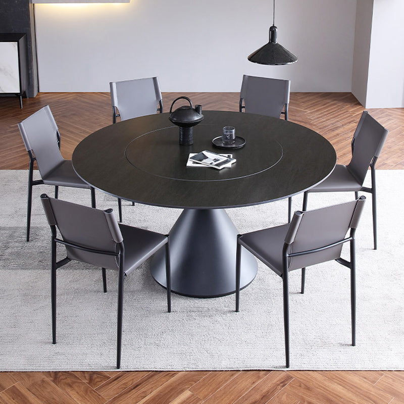 Round White-black Stone Dining Table Modern Turntable Furniture With Pedestal Base