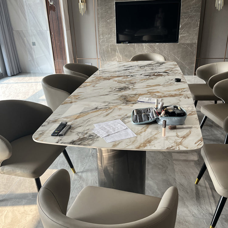 Rectangular Stone Dining Table Modern Green White Gold Furniture with Double Pedestal