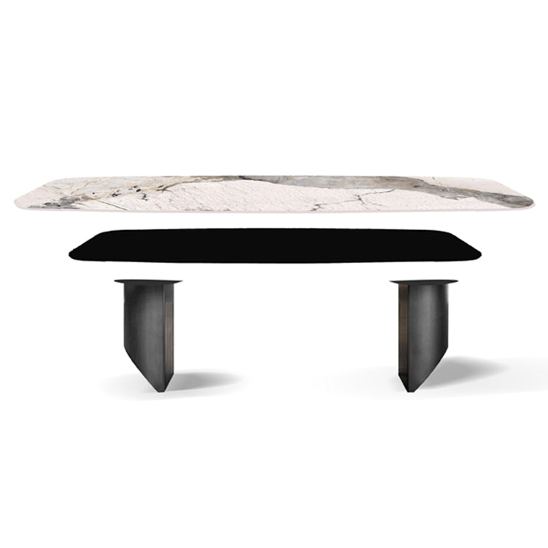 Rectangular Stone Dining Table Modern Green White Gold Furniture with Double Pedestal