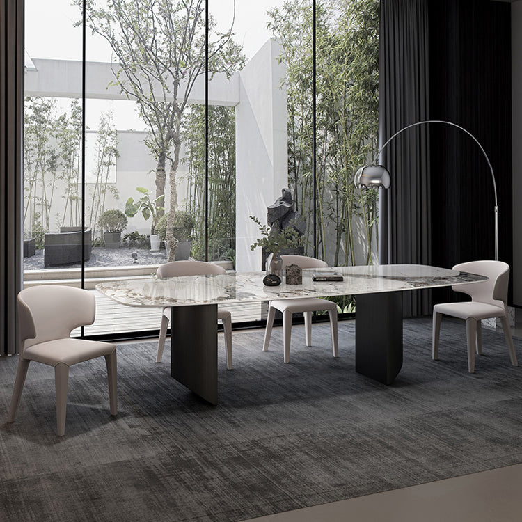 Rectangular Stone Dining Table Modern Green White Gold Furniture with Double Pedestal