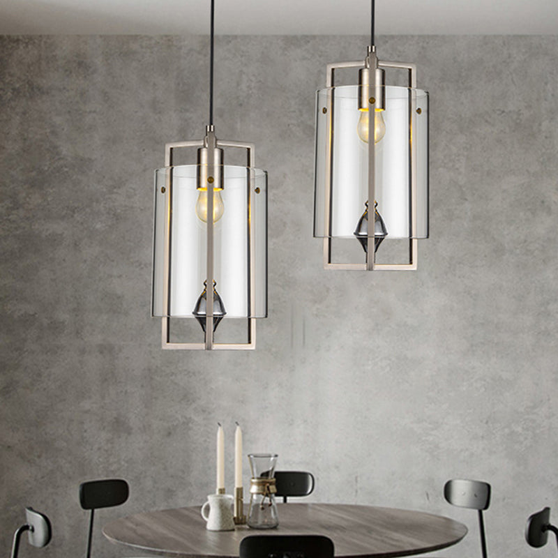 Column Dining Table Suspension Light Grey/Clear/Tan Glass 1-Light Modern Style Ceiling Fixture with Nickel Rectangle Frame