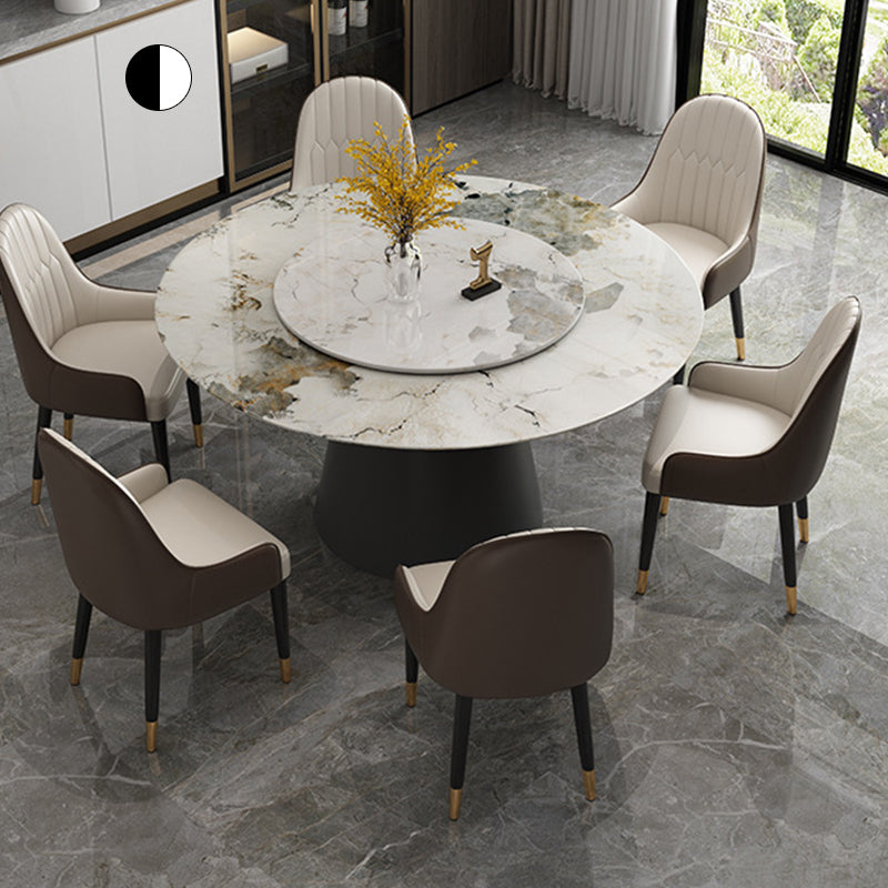 White Round Stone Dining Table Modern Convertible Furniture with Pedestal Base for Home