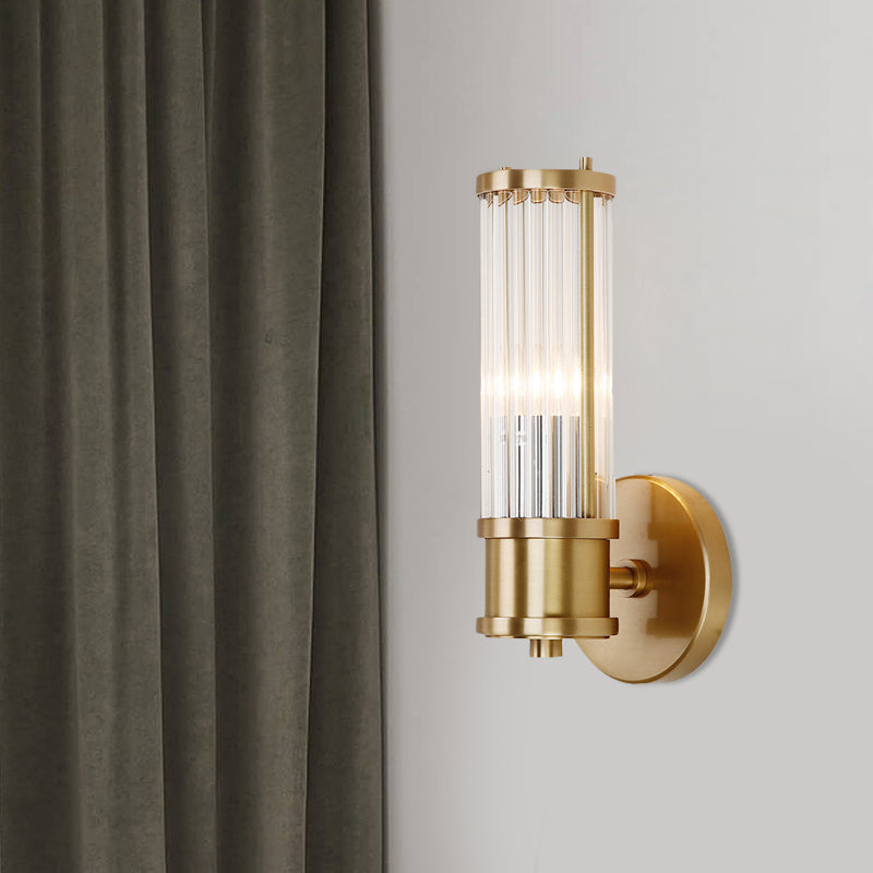 1/2-Light Corridor Wall Light Fixture Modernist Stylish Golden Wall Sconce with Cylindrical Clear Crystal Shade