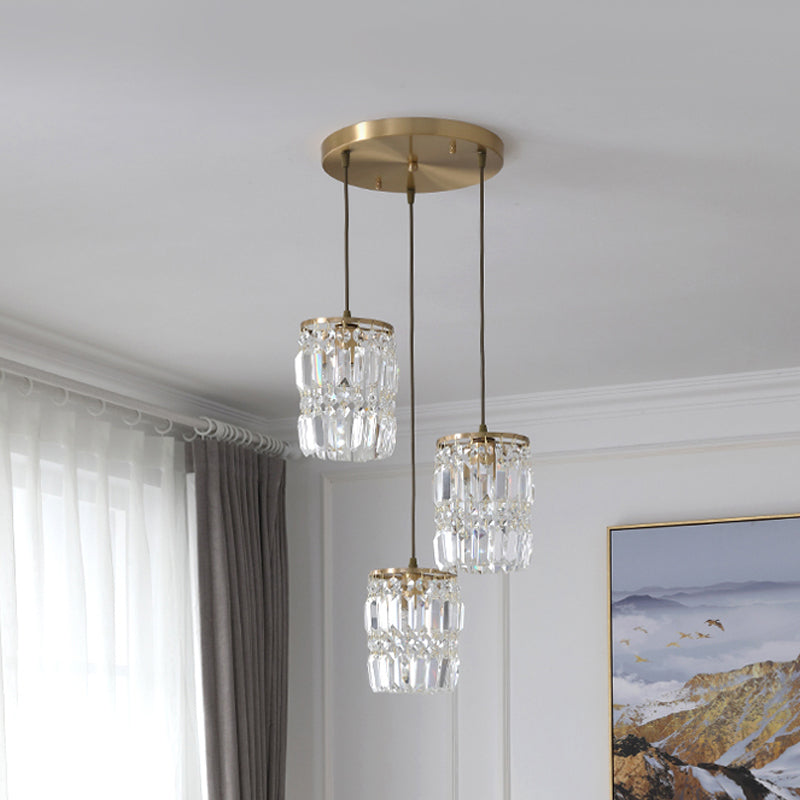 2 Layers Prismatic Crystal Hanging Light Modernism 3 Lights Gold Pendant Light with Linear/Round Canopy
