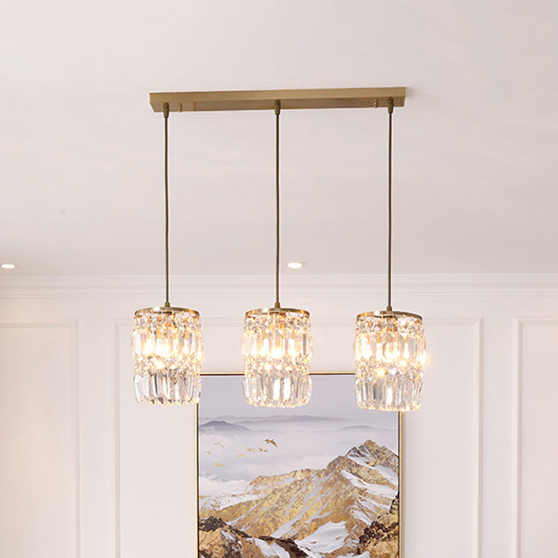 2 Layers Prismatic Crystal Hanging Light Modernism 3 Lights Gold Pendant Light with Linear/Round Canopy