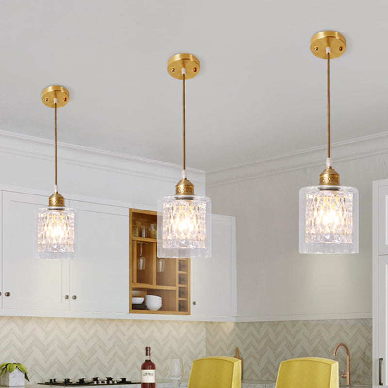 Modern 1 Light Pendant Light with Double Clear Glass Shade Brass Cylinder Hanging Ceiling Light