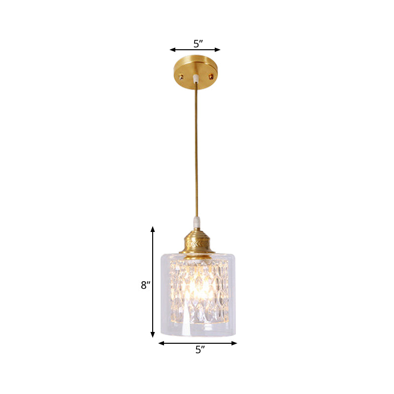 Modern 1 Light Pendant Light with Double Clear Glass Shade Brass Cylinder Hanging Ceiling Light