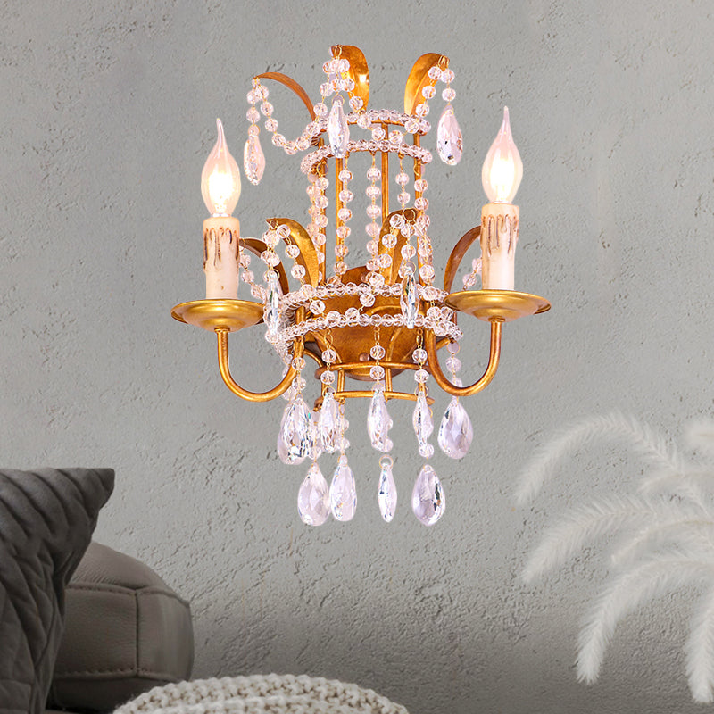 Clear Crystal Beaded Sconce Lighting Vintage Style 2 Heads Brass Wall Lamp with Open Bulb for Bedroom