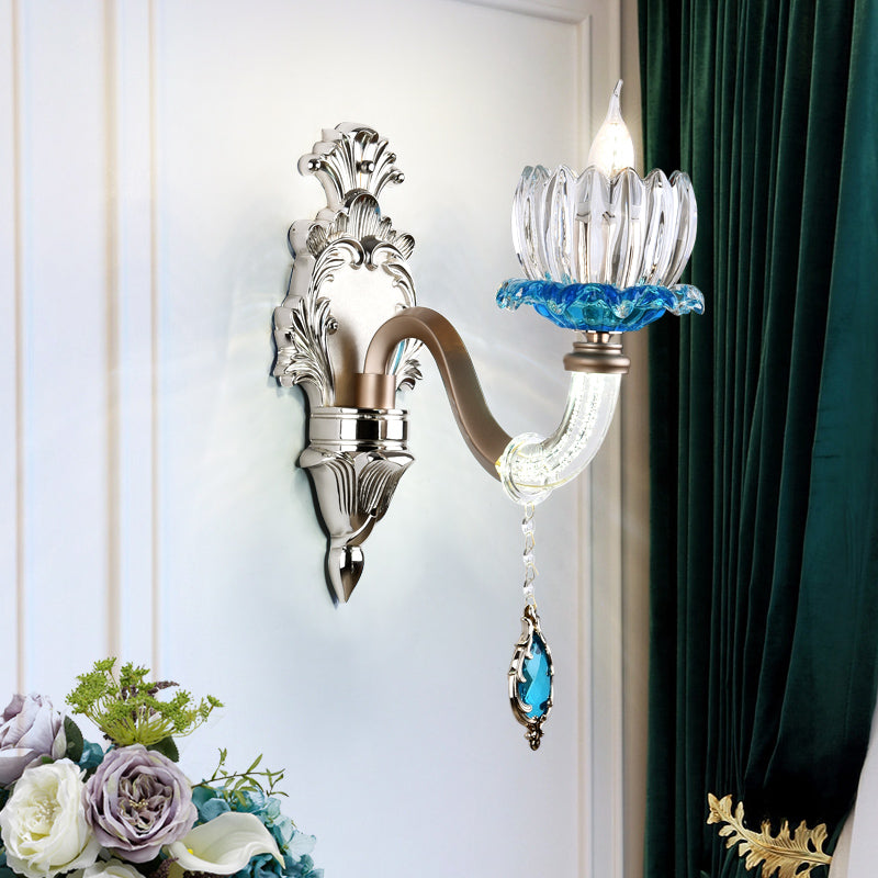 Clear Glass Floral Wall Light Modern Style 1/2-Light Chrome Finish Sconce Lamp with Metal and Crystal Arm