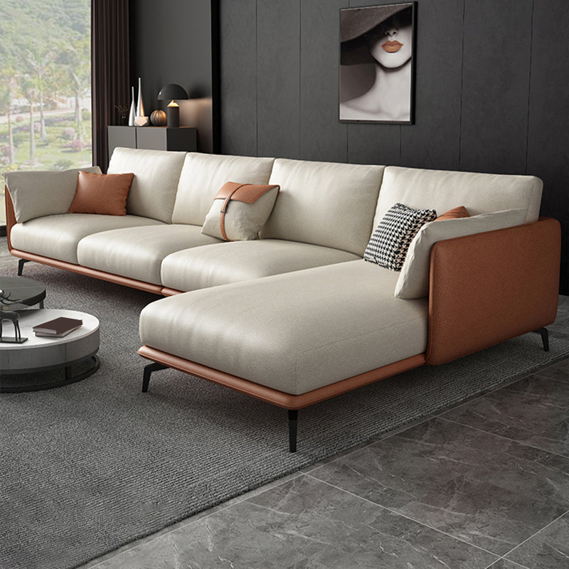 Square Arm Sectional Stain Resistant Sofa Chaise Beige Faux Leather