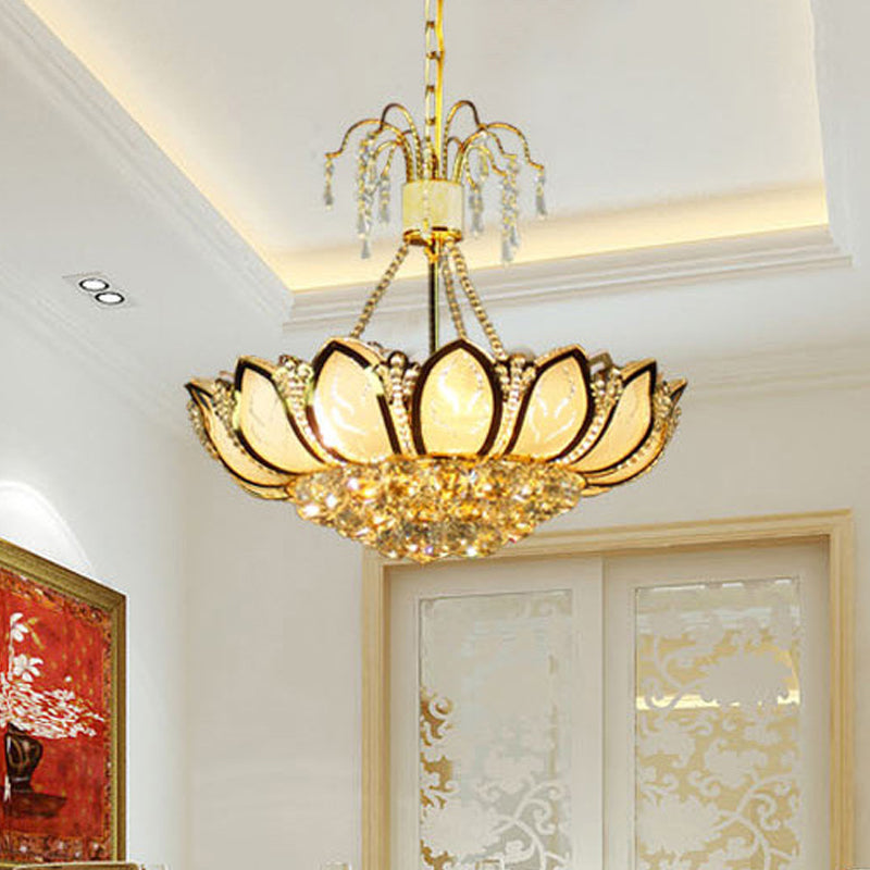 Contemporary Lotus Ceiling Light Crystal 6 Lights Dining Room Hanging Light in Gold
