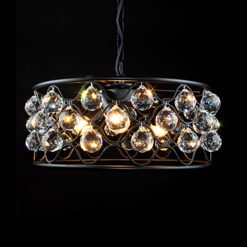 Drum Chandelier Light Fixture Vintage Metal and Crystal 3 Lights Black Ceiling Light for Living Room