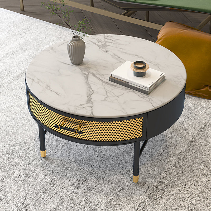 Glam 17.7" H Round Slate Coffee Table Iron 4 Legs Cocktail Table with Drawer