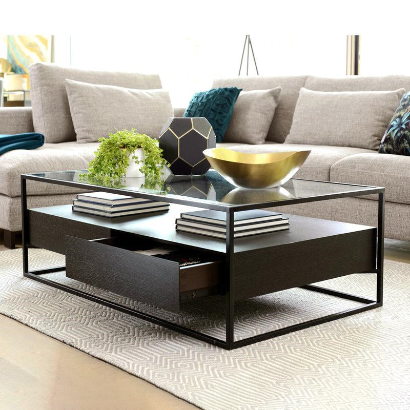 17.7" H Modern Rectangle Glass Coffee Table Metal Frame Cocktail Table with Storage