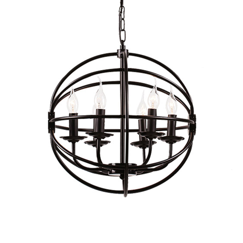 6 Lights Candle Chandelier Classic Black Metal Pendant Light Fixture for Dining Room with Globe Shaped