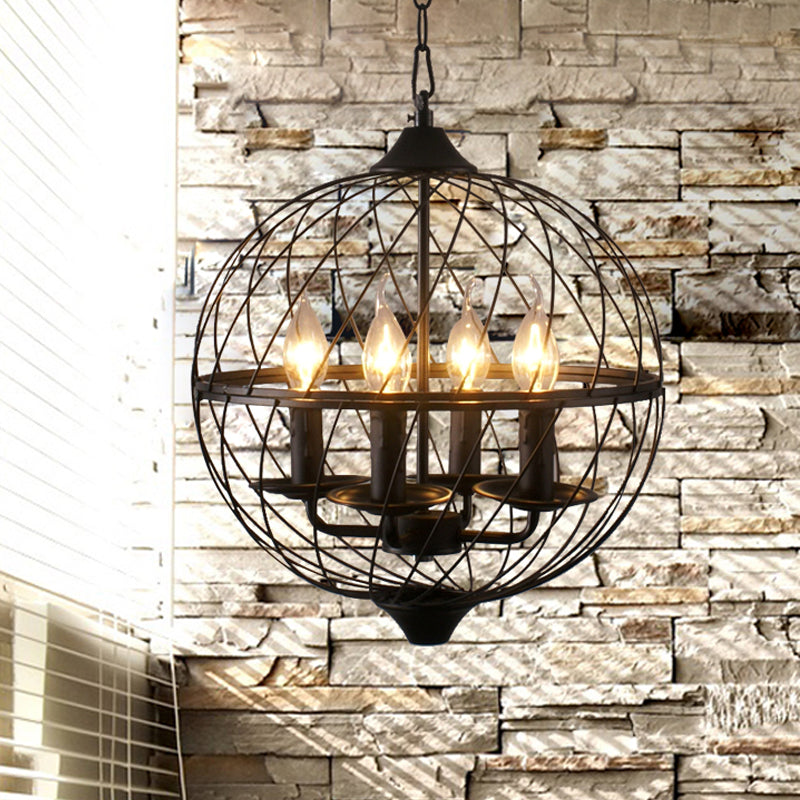 4 luci lampadario in metallo a pendente in metallo classico candine nero sala da pranzo sospeso per soffitto con gabbia globo