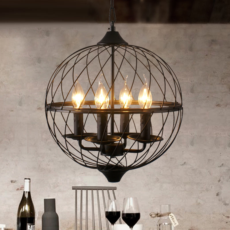 4 luci lampadario in metallo a pendente in metallo classico candine nero sala da pranzo sospeso per soffitto con gabbia globo