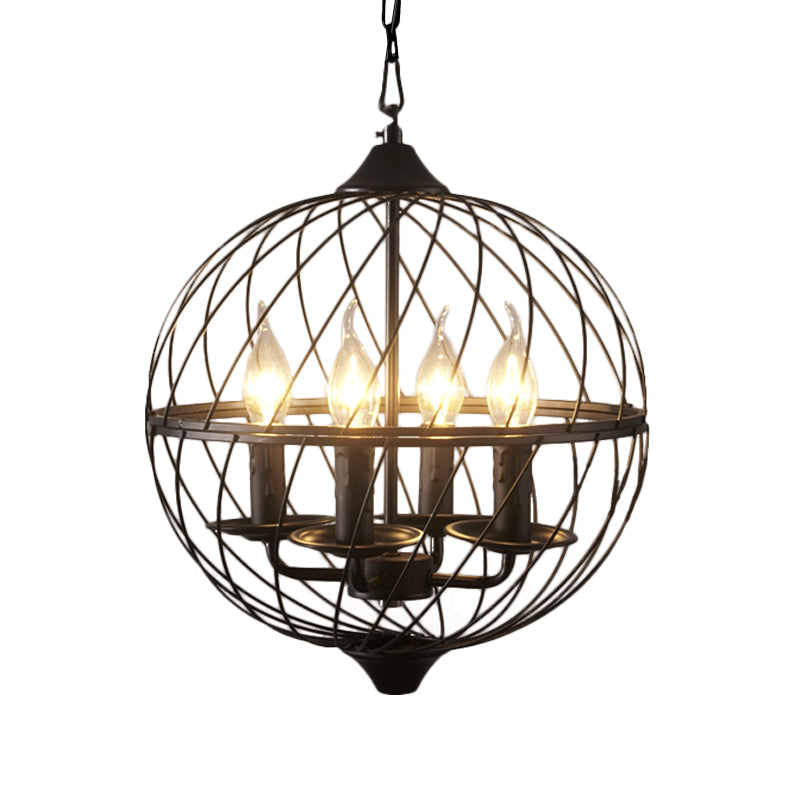 4 luci lampadario in metallo a pendente in metallo classico candine nero sala da pranzo sospeso per soffitto con gabbia globo