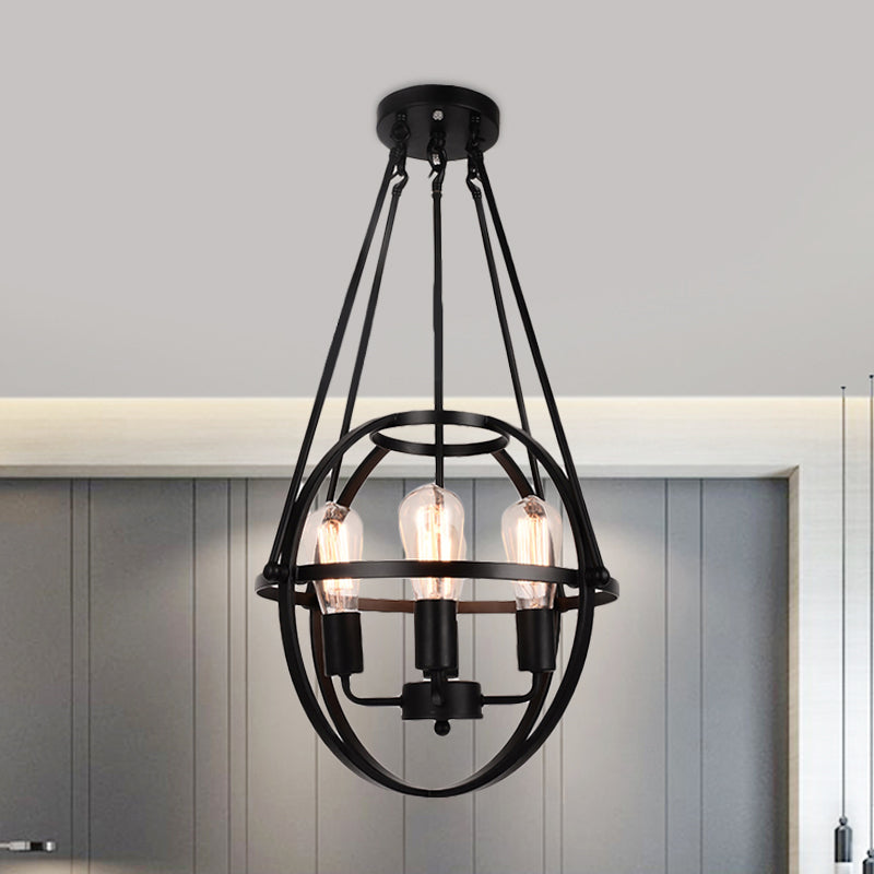Lustre en métal sphérique Lumière traditionnelle 3 lumières Pendre d'éclairage en noir