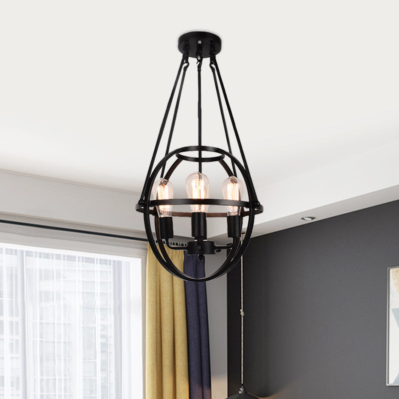 Lustre en métal sphérique Lumière traditionnelle 3 lumières Pendre d'éclairage en noir