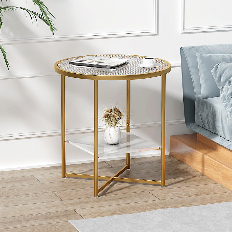Modern Round Glass Top End Table Cross Legs Sofa Side Table with Shelf