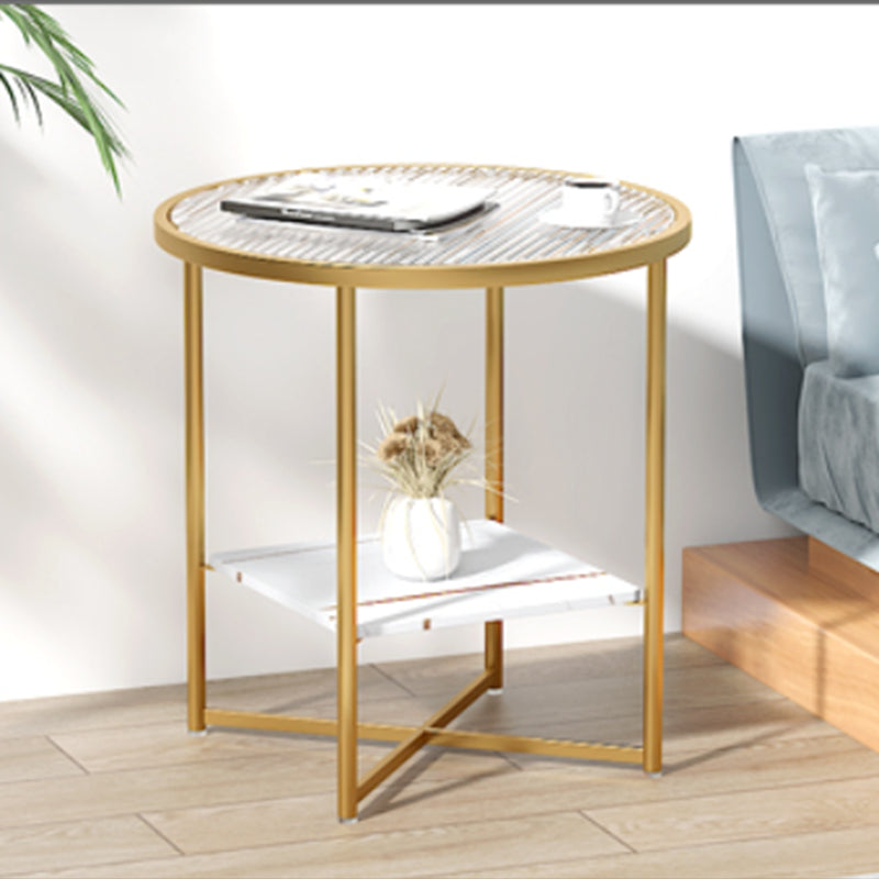 Modern Round Glass Top End Table Cross Legs Sofa Side Table with Shelf