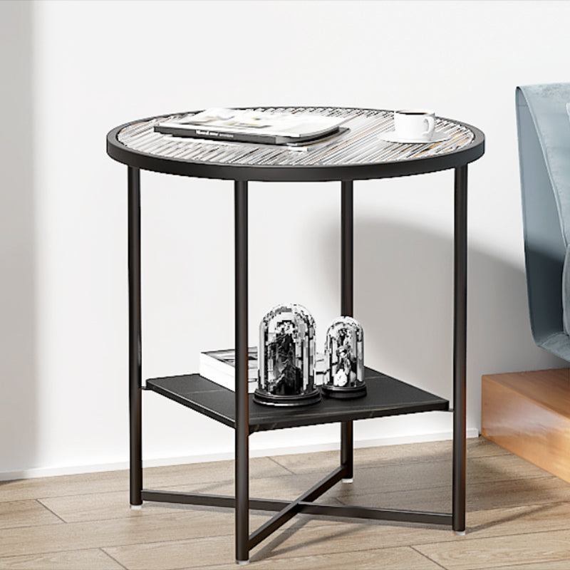 Modern Round Glass Top End Table Cross Legs Sofa Side Table with Shelf