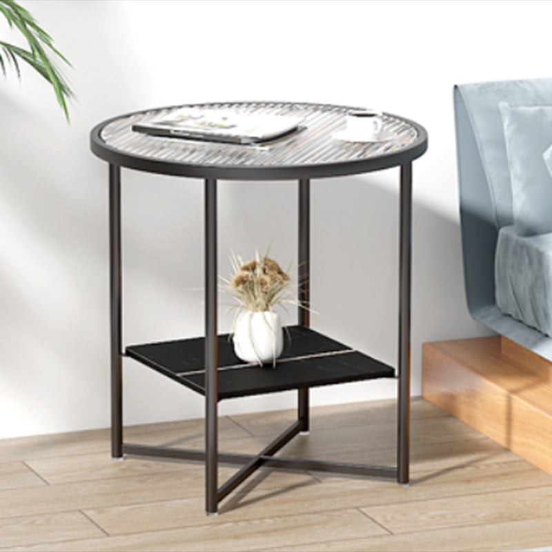 Modern Round Glass Top End Table Cross Legs Sofa Side Table with Shelf