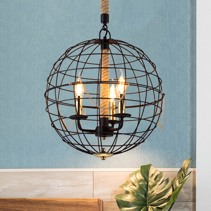 Candle salon pendentif lustre traditionnel métal 3/4 lumières noire suspendus avec cage globe