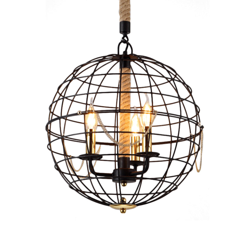 Candle salon pendentif lustre traditionnel métal 3/4 lumières noire suspendus avec cage globe