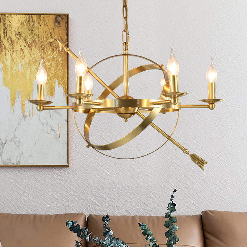 Gold 6 Lights Pendant Chandelier Classic Metal Candle-Style Hanging Light for Living Room