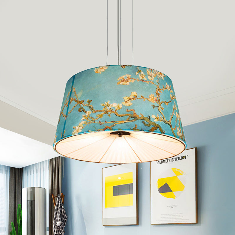 Tissu tambour pendant du lustre nordique 4 lumières suspension de salon en blanc / bleu / beige avec design d'abricot