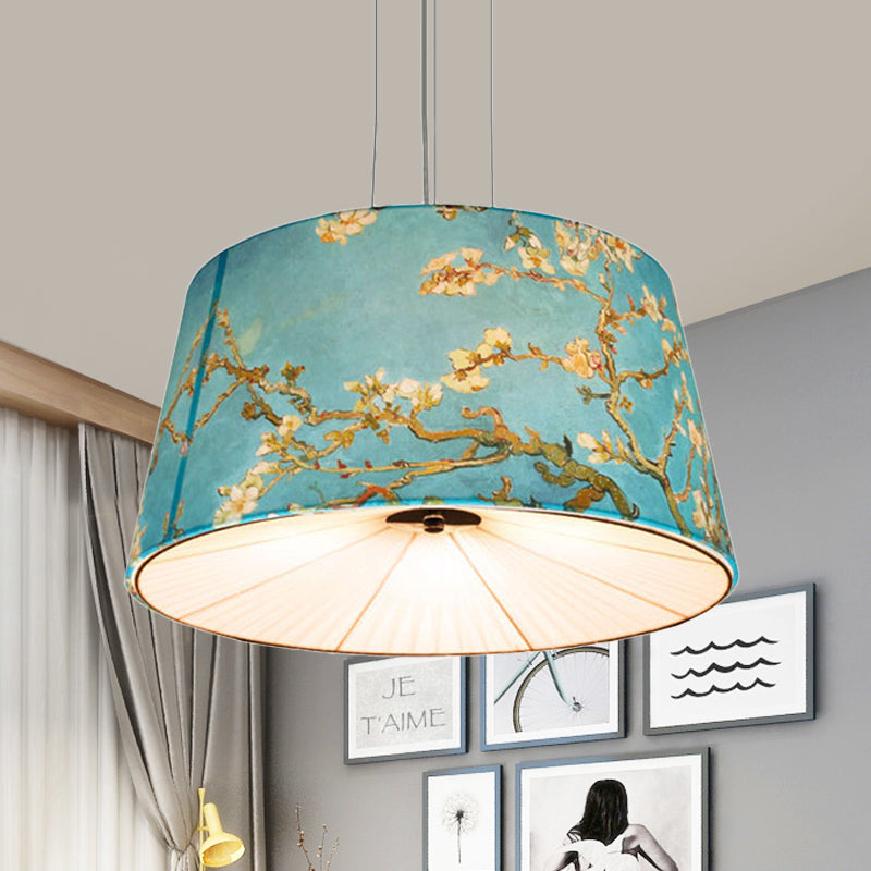 Tissu tambour pendant du lustre nordique 4 lumières suspension de salon en blanc / bleu / beige avec design d'abricot