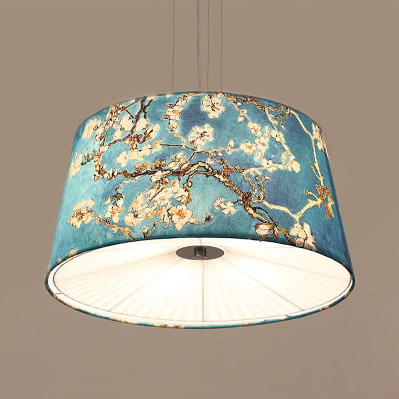 Tissu tambour pendant du lustre nordique 4 lumières suspension de salon en blanc / bleu / beige avec design d'abricot