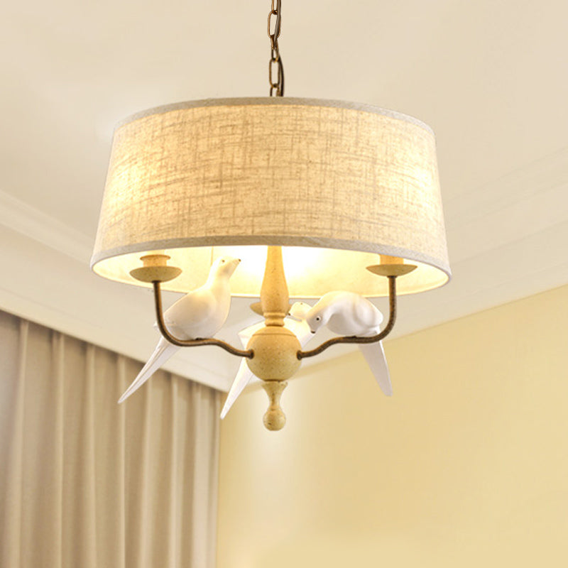 3 lumières lustre de tambour Light Vintage White tissu suspendu plafond avec oiseau