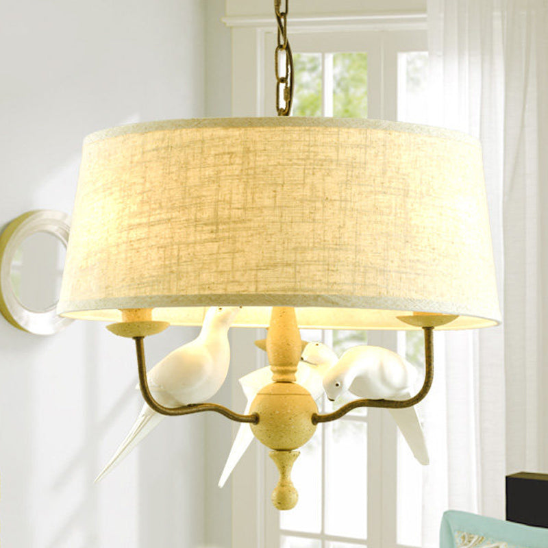 3 lumières lustre de tambour Light Vintage White tissu suspendu plafond avec oiseau