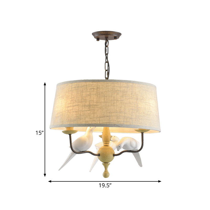 3 lumières lustre de tambour Light Vintage White tissu suspendu plafond avec oiseau