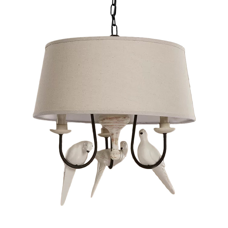 Fabric Beige Pendant Lamp Drum 3 Lights Vintage Chandelier Light Fixture for Bedroom with Bird